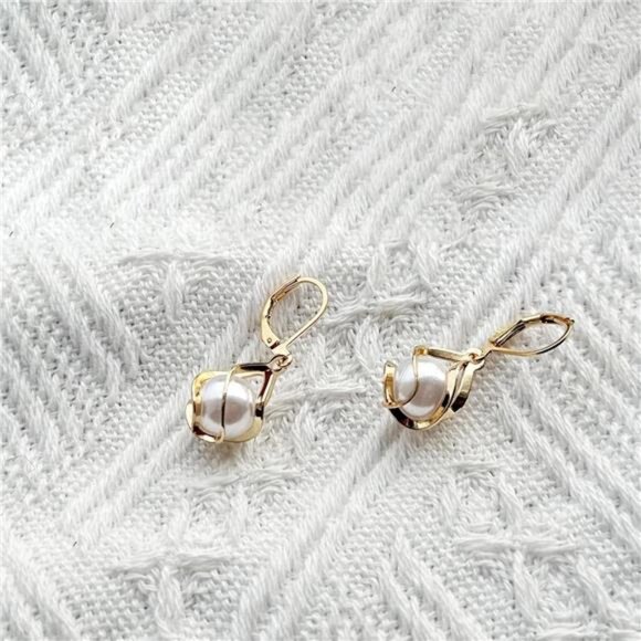 Gold-Plated Caged Pearl Drop Earrings – Lightweight, Hypoallergenic - Picture 5 of 6
